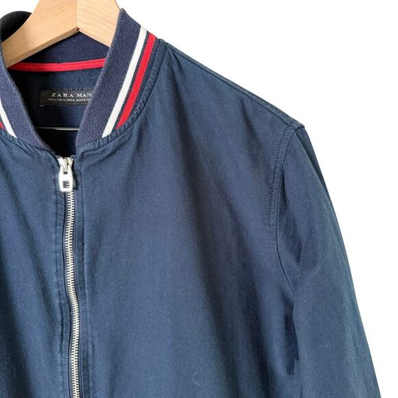 Zara Man Navy Bomber Jacket Red and White Striped Trim 100% Cotton, Size XL - Picture 4 of 11